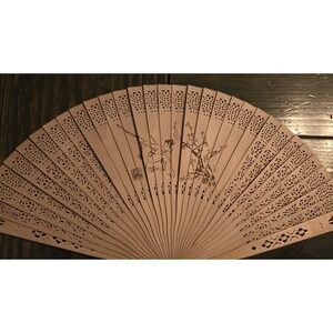 Vintage 8" Ornate Carved Natural Wood Folding‎ Hand Fan In Original Box Birds